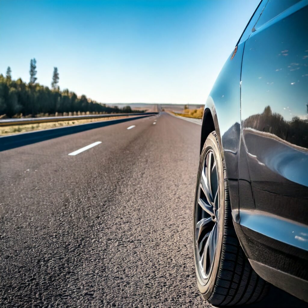 alt="Auto met runflat banden rijdt veilig verder op een lege snelweg"