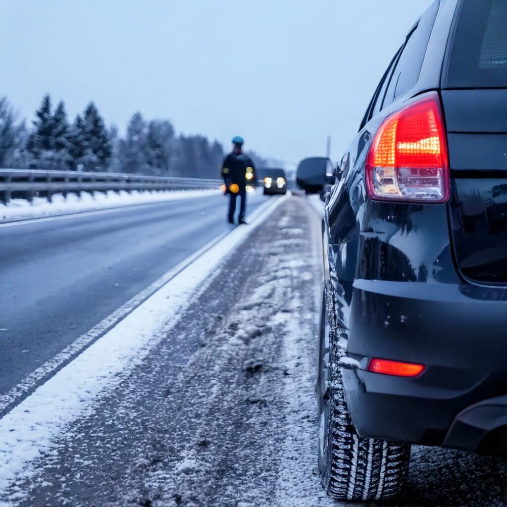 alt="Politiecontrole op een besneeuwde Duitse weg waarbij winterbanden verplicht zijn"