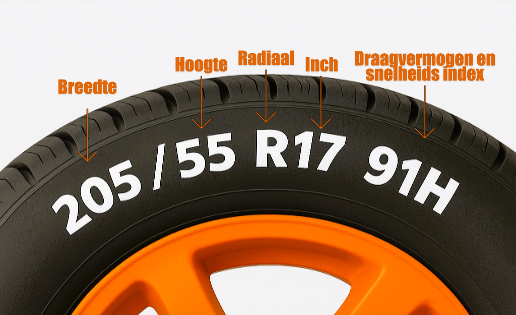 alt="Uitleg bandenmaat 205/55 R17 met aanduiding van breedte, hoogte, radiaal, inch en snelheidsindex"